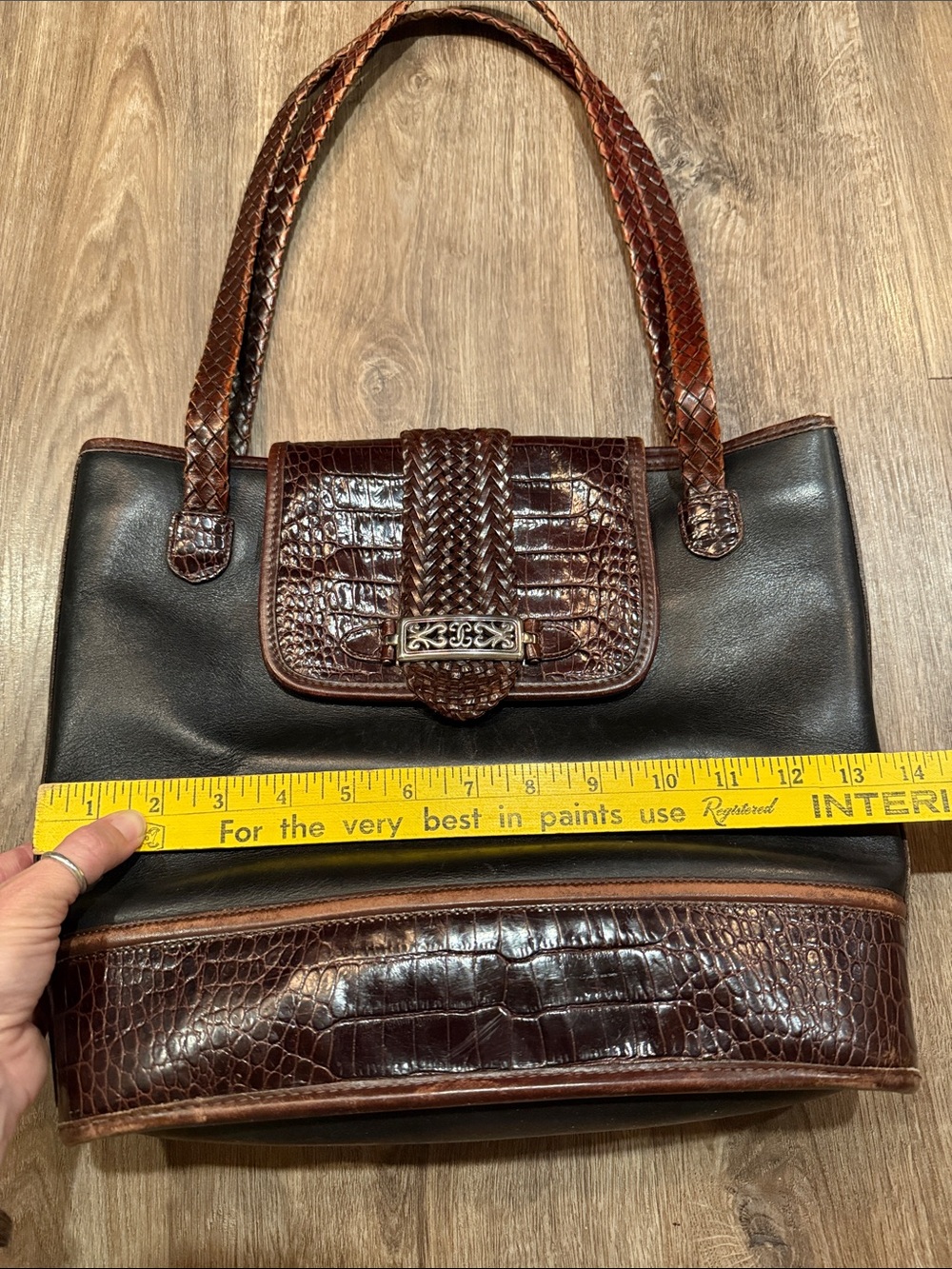 Vintage Brighton Brown Croc-Embossed Black Leather Shoulder Bag Tote - Picture 3 of 10